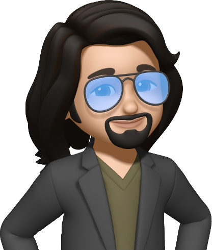 Memoji profile photo. A man with dark brown hair and blue glasses.